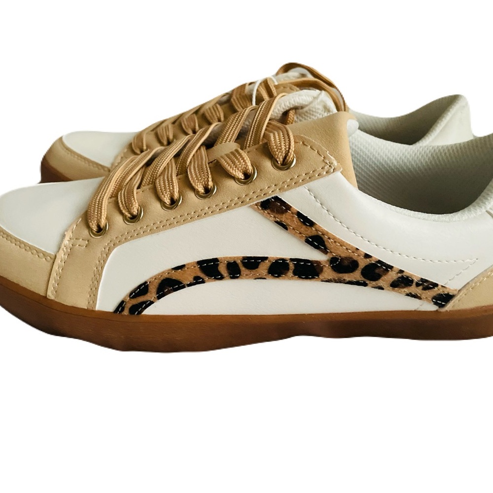 Women's Tan and White Sneakers with Leopard Detail